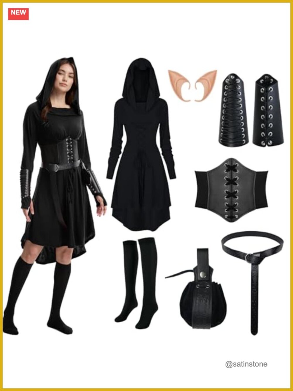 HODBLKT 7PC Renaissance Fairy Costume Set Medieval Hooded Robe Elf Dress
